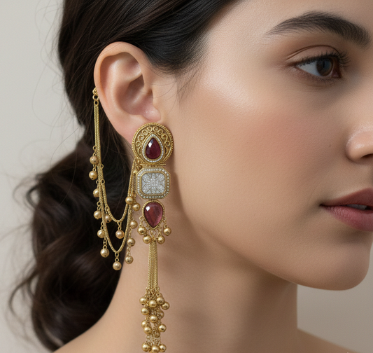 Kashmiri Kundan Ghungroo Jhumka Earrings with Pearl-Studded Sahara Chains