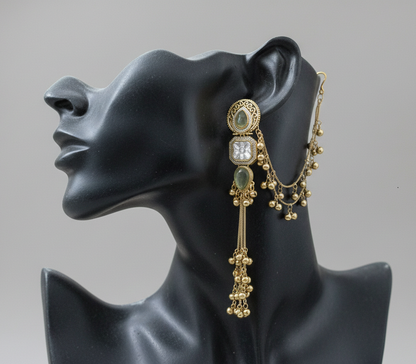 Kashmiri Kundan Ghungroo Jhumka Earrings with Pearl-Studded Sahara Chains