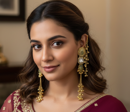 Kashmiri Kundan Ghungroo Jhumka Earrings with Pearl-Studded Sahara Chains