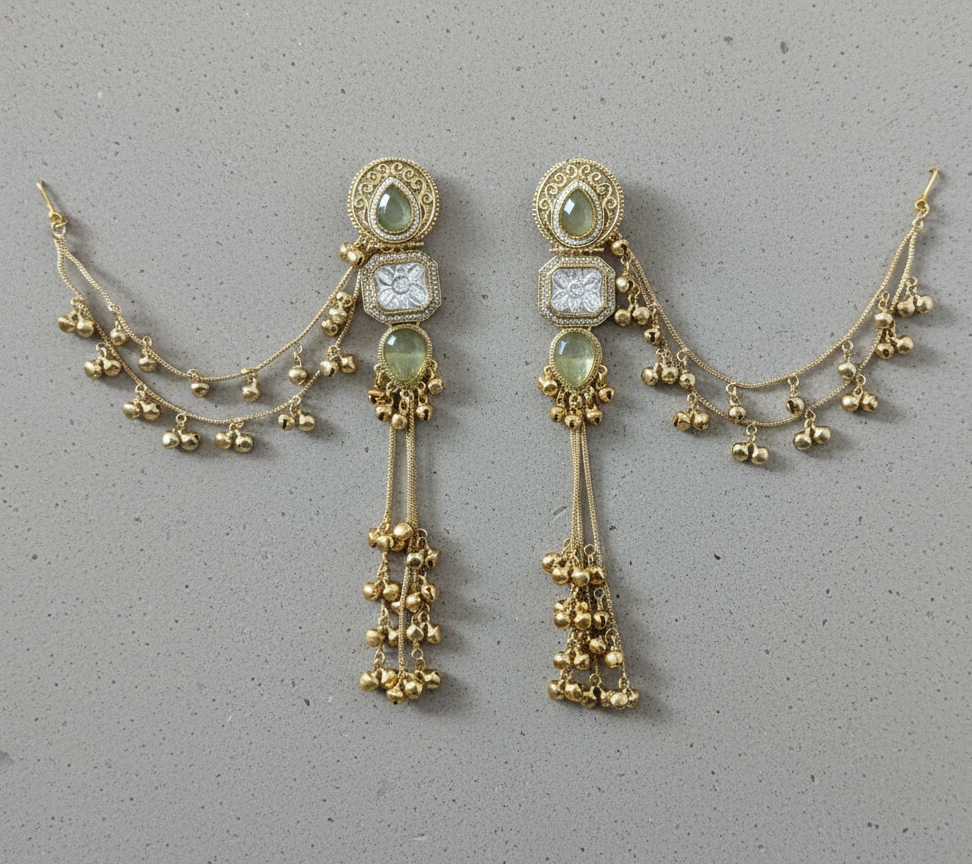 Kashmiri Kundan Ghungroo Jhumka Earrings with Pearl-Studded Sahara Chains