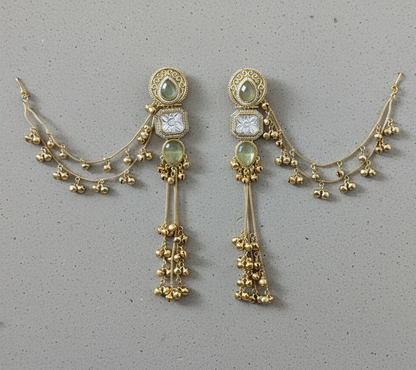 Kashmiri Kundan Ghungroo Jhumka Earrings with Pearl-Studded Sahara Chains