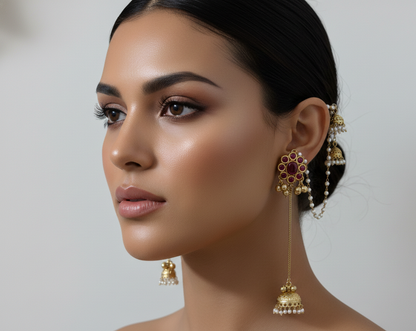 Kashmiri Bridal Jhumka Earrings with Pearl Sahara Chains – Traditional Pahalmani Style