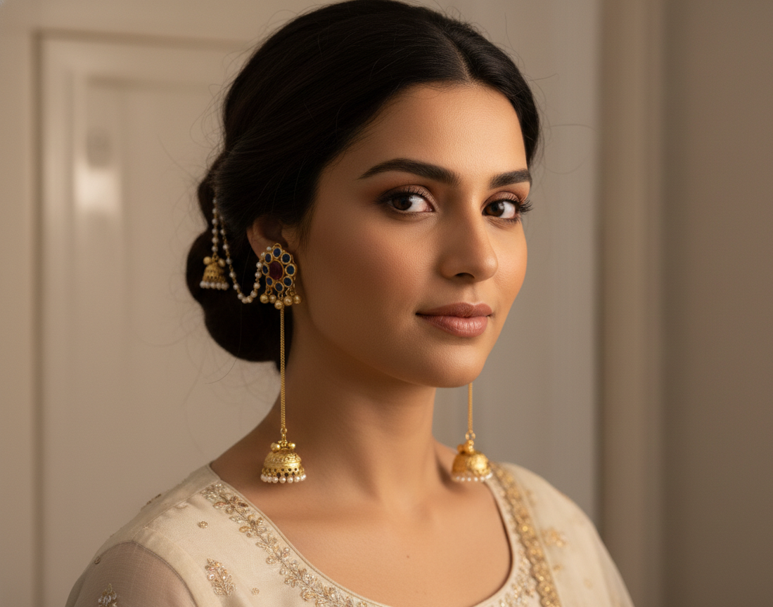 Kashmiri Bridal Jhumka Earrings with Pearl Sahara Chains – Traditional Pahalmani Style