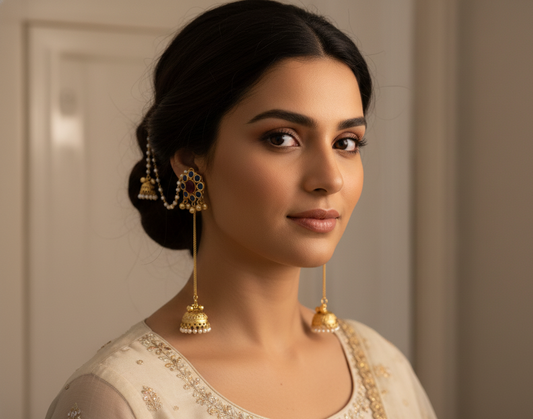 Kashmiri Bridal Jhumka Earrings with Pearl Sahara Chains – Traditional Pahalmani Style
