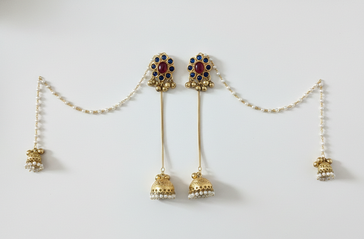 Kashmiri Bridal Jhumka Earrings with Pearl Sahara Chains – Traditional Pahalmani Style