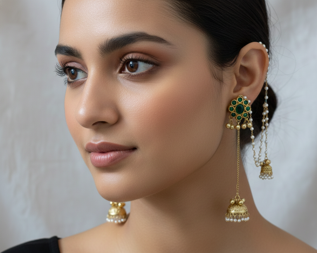 Kashmiri Bridal Jhumka Earrings with Pearl Sahara Chains – Traditional Pahalmani Style