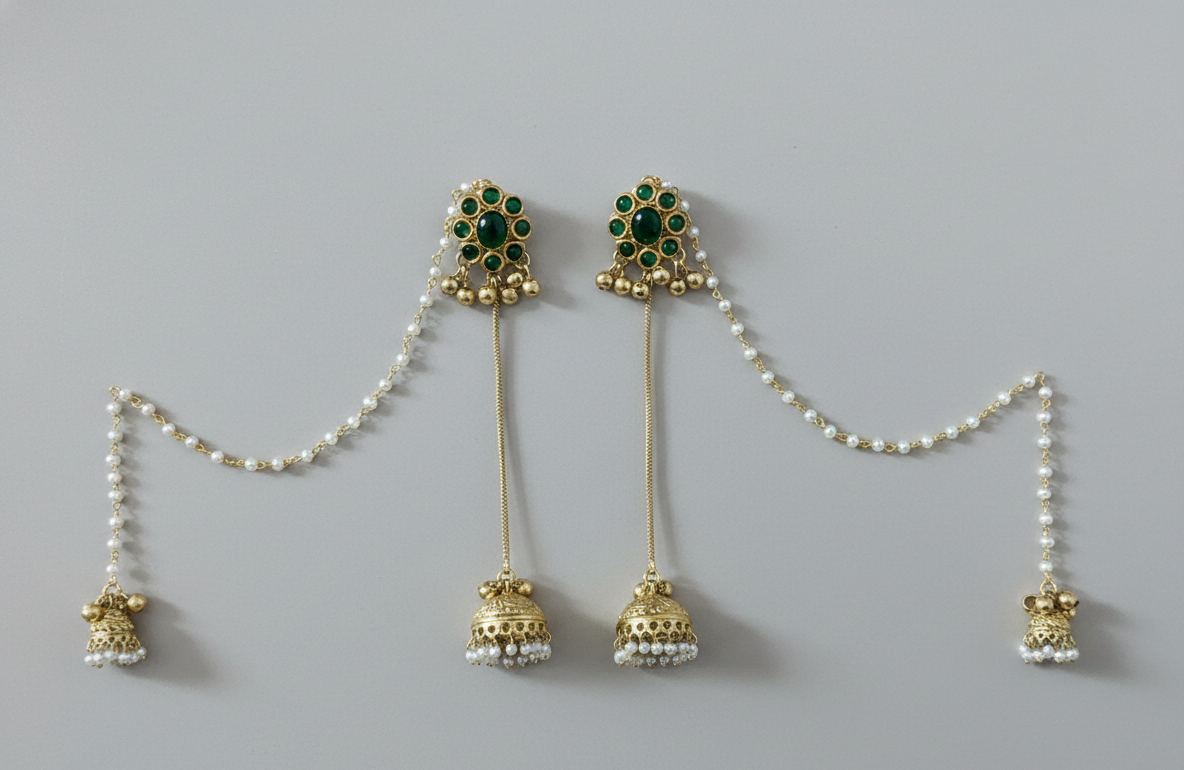 Kashmiri Bridal Jhumka Earrings with Pearl Sahara Chains – Traditional Pahalmani Style