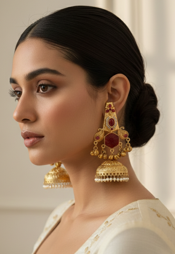 Traditional Kashmiri Jhumka Earrings with Ruby Red Stones & Pearl Drops