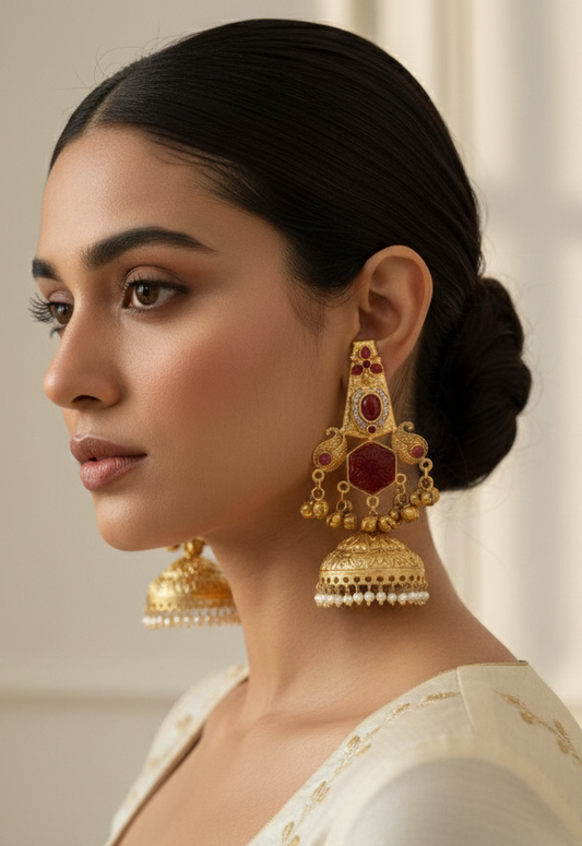 Traditional Kashmiri Jhumka Earrings with Ruby Red Stones & Pearl Drops
