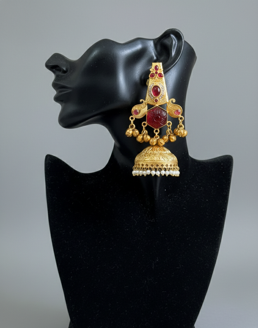 Traditional Kashmiri Jhumka Earrings with Ruby Red Stones & Pearl Drops