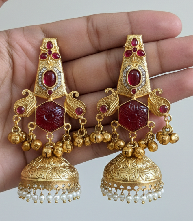 Traditional Kashmiri Jhumka Earrings with Ruby Red Stones & Pearl Drops