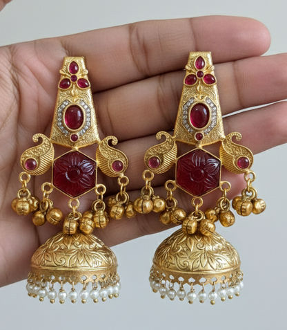 Traditional Kashmiri Jhumka Earrings with Ruby Red Stones & Pearl Drops