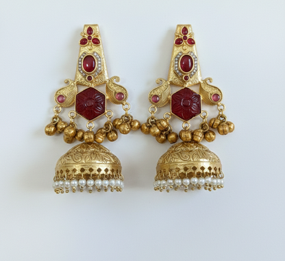 Traditional Kashmiri Jhumka Earrings with Ruby Red Stones & Pearl Drops
