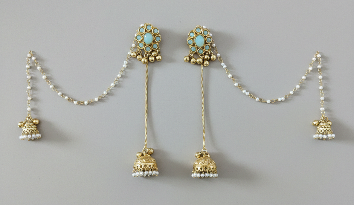Kashmiri Bridal Jhumka Earrings with Pearl Sahara Chains – Traditional Pahalmani Style