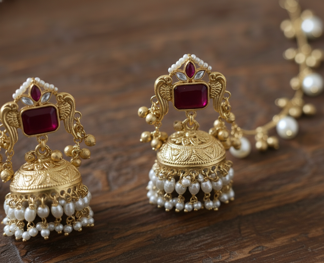 Kashmiri Peacock Jhumka Earrings with Pearl Sahara Chains – Handcrafted Brass