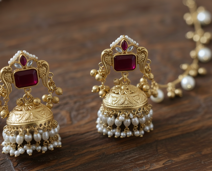Kashmiri Peacock Jhumka Earrings with Pearl Sahara Chains – Handcrafted Brass