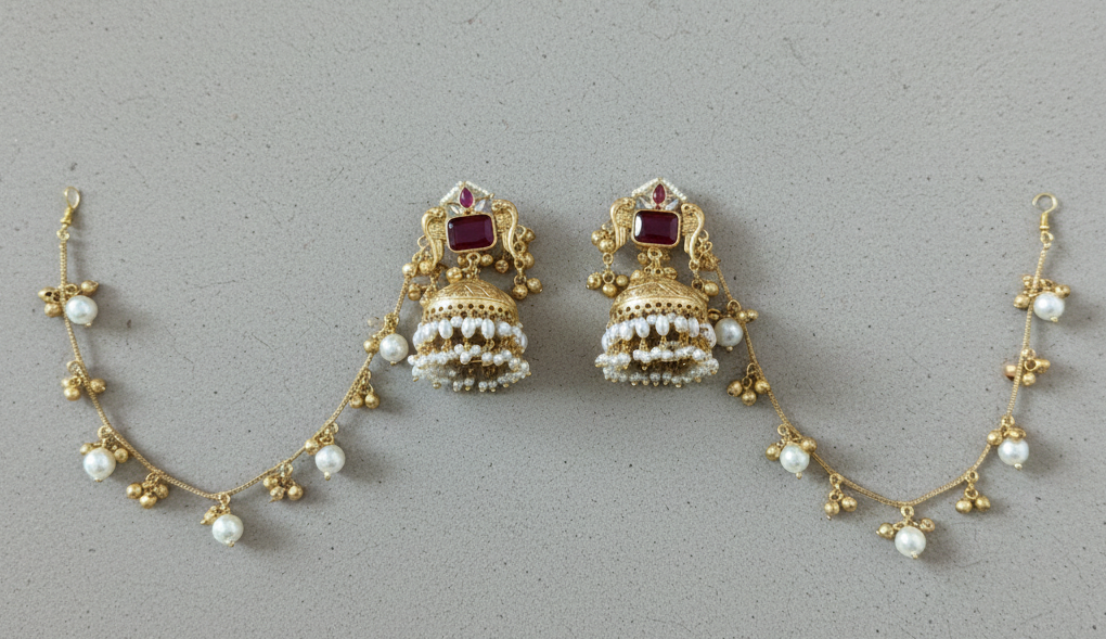 Kashmiri Peacock Jhumka Earrings with Pearl Sahara Chains – Handcrafted Brass