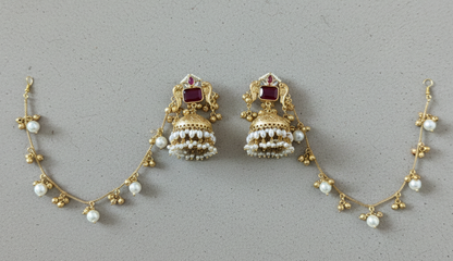 Kashmiri Peacock Jhumka Earrings with Pearl Sahara Chains – Handcrafted Brass