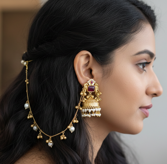 Kashmiri Peacock Jhumka Earrings with Pearl Sahara Chains – Handcrafted Brass