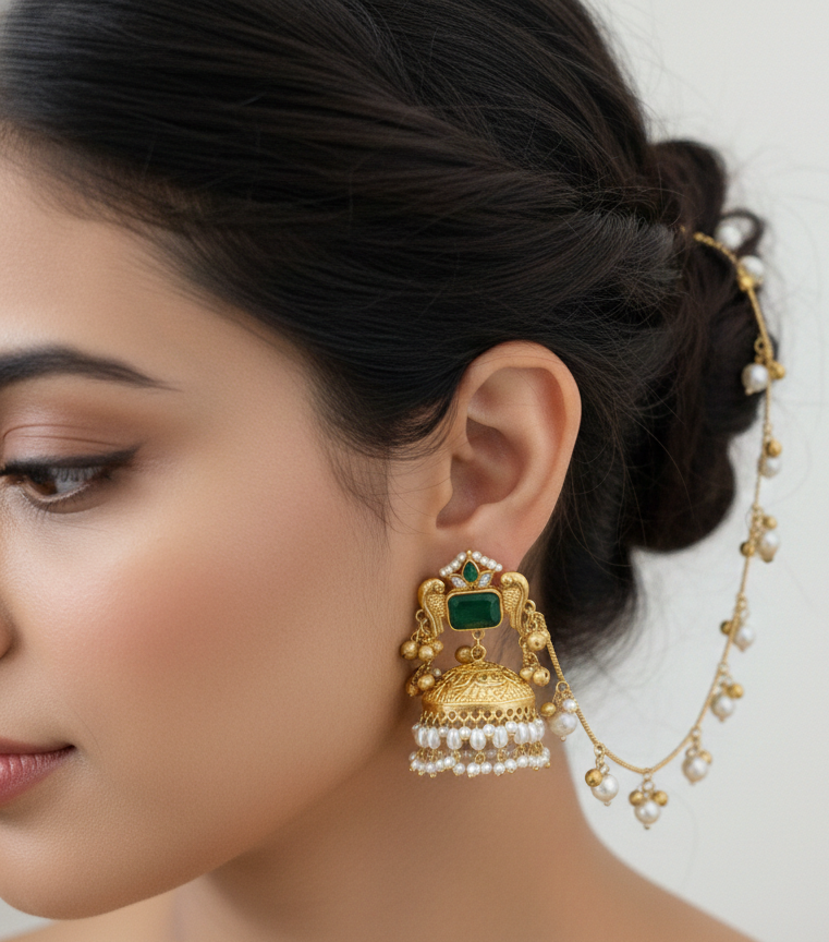 Kashmiri Peacock Jhumka Earrings with Pearl Sahara Chains – Handcrafted Brass