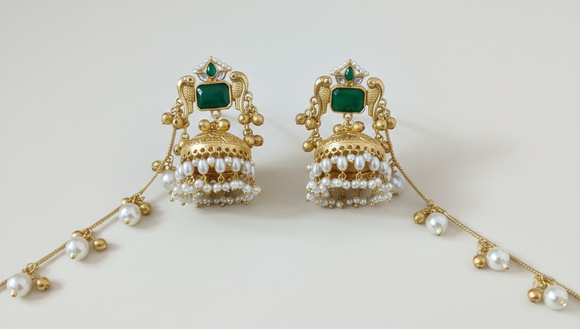 Kashmiri Peacock Jhumka Earrings with Pearl Sahara Chains – Handcrafted Brass