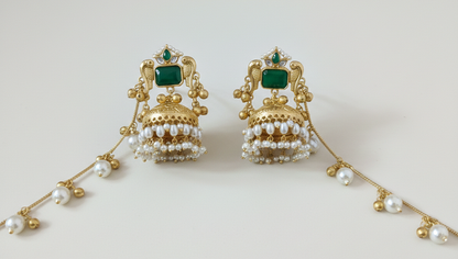Kashmiri Peacock Jhumka Earrings with Pearl Sahara Chains – Handcrafted Brass