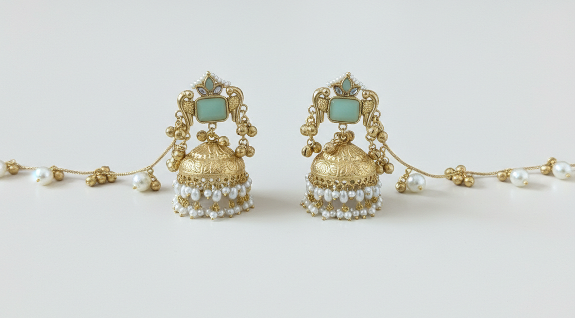 Kashmiri Peacock Jhumka Earrings with Pearl Sahara Chains – Handcrafted Brass