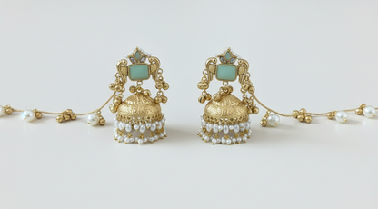 Kashmiri Peacock Jhumka Earrings with Pearl Sahara Chains – Handcrafted Brass