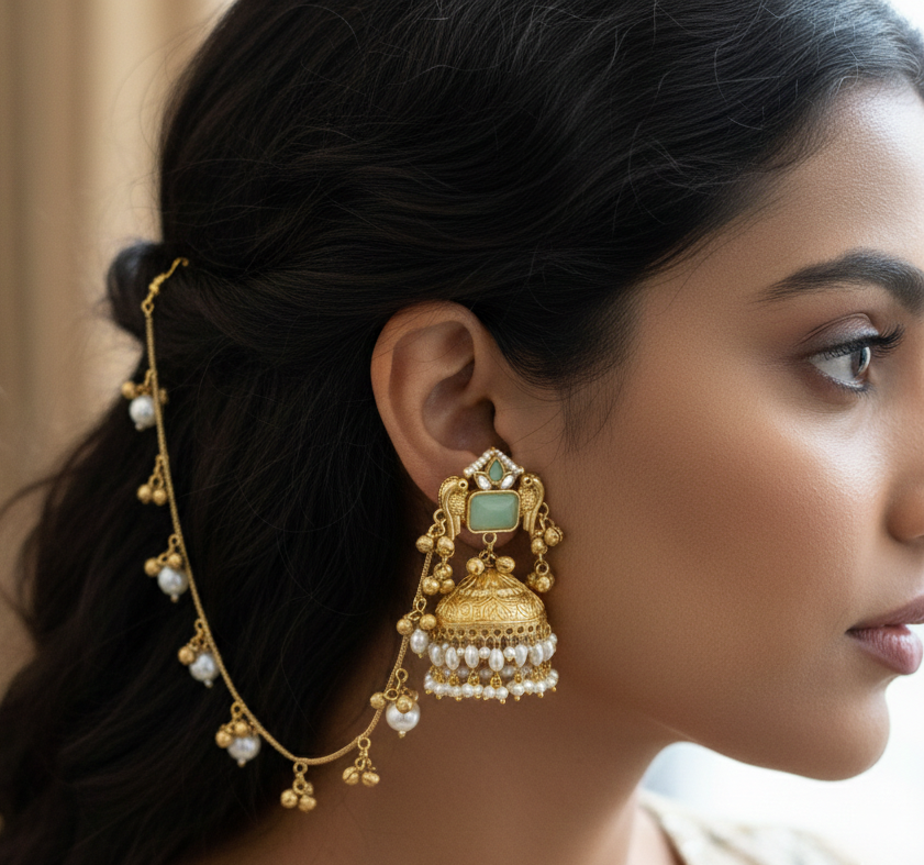 Kashmiri Peacock Jhumka Earrings with Pearl Sahara Chains – Handcrafted Brass
