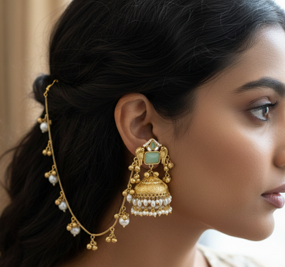 Kashmiri Peacock Jhumka Earrings with Pearl Sahara Chains – Handcrafted Brass