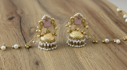 Kashmiri Peacock Jhumka Earrings with Pearl Sahara Chains – Handcrafted Brass
