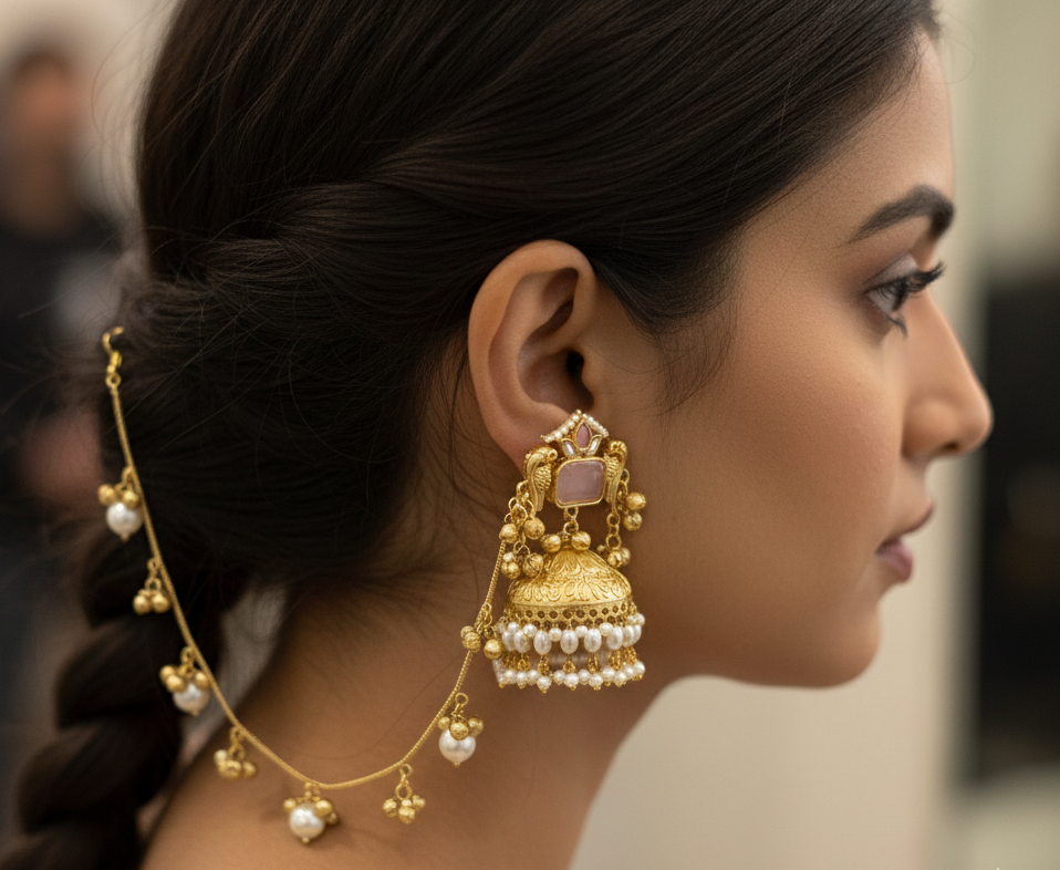 Kashmiri Peacock Jhumka Earrings with Pearl Sahara Chains – Handcrafted Brass