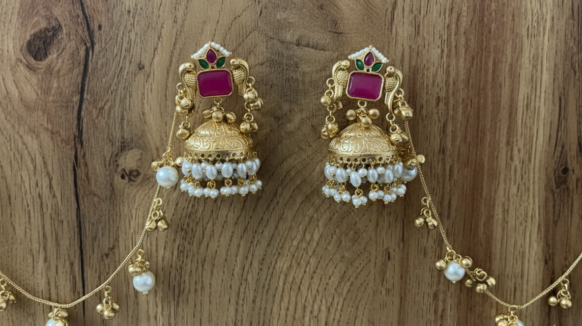 Kashmiri Peacock Jhumka Earrings with Pearl Sahara Chains – Handcrafted Brass