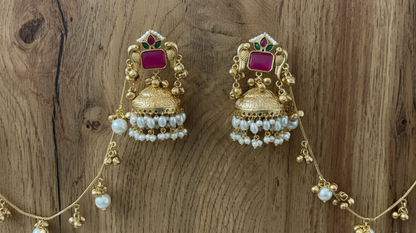 Kashmiri Peacock Jhumka Earrings with Pearl Sahara Chains – Handcrafted Brass