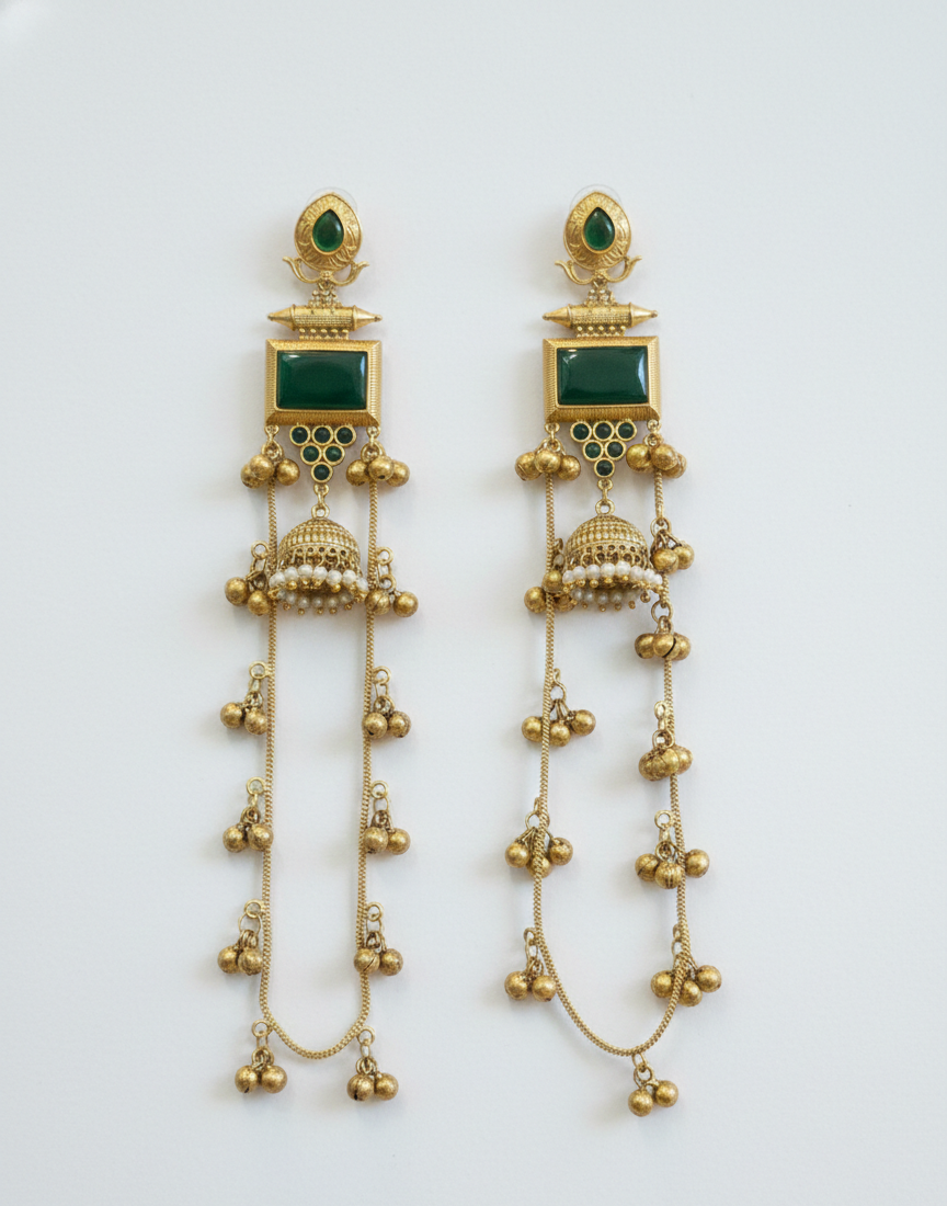 Emerald Green Rectangular Drop Kashmiri Earrings with Long Ghungroo Sahara Chains