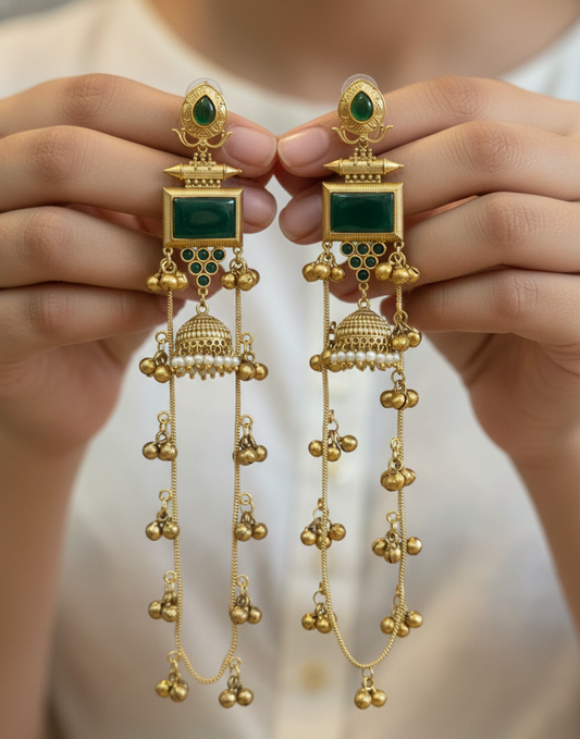 Emerald Green Rectangular Drop Kashmiri Earrings with Long Ghungroo Sahara Chains
