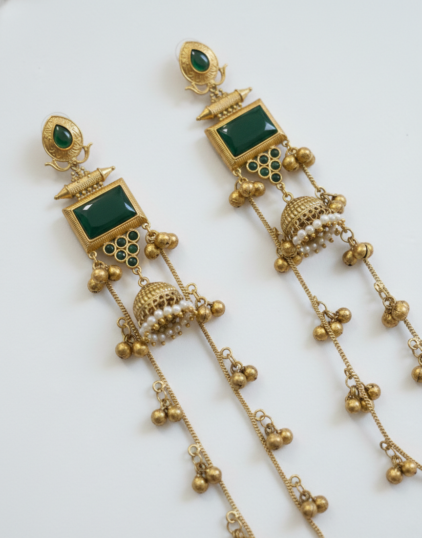 Emerald Green Rectangular Drop Kashmiri Earrings with Long Ghungroo Sahara Chains
