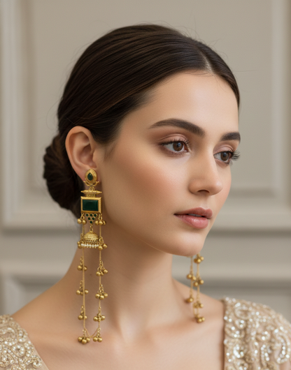 Emerald Green Rectangular Drop Kashmiri Earrings with Long Ghungroo Sahara Chains