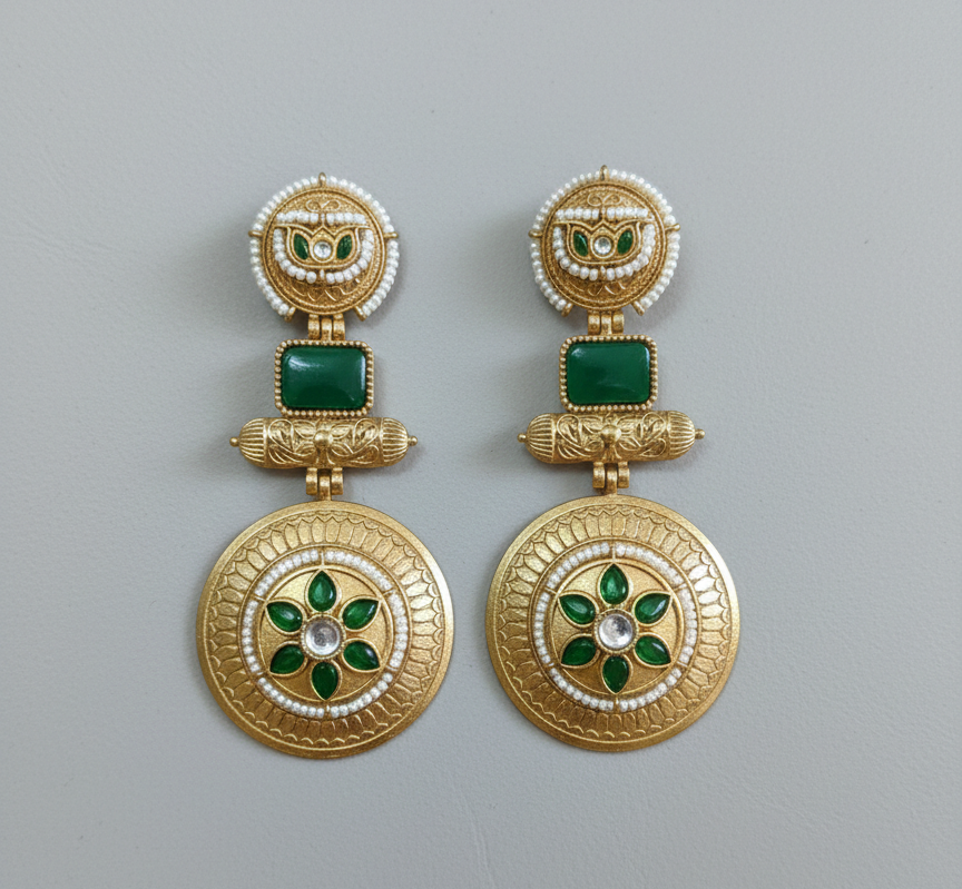 : Traditional Kashmiri Emerald Green Drop Earrings with Antique Gold Finish