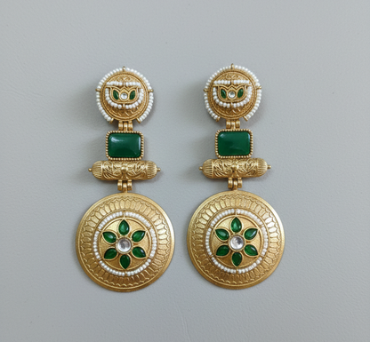 : Traditional Kashmiri Emerald Green Drop Earrings with Antique Gold Finish