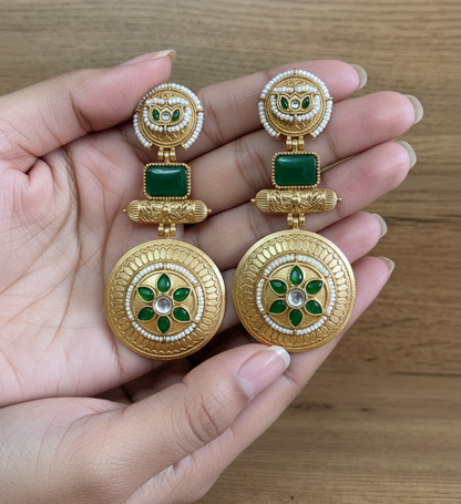 : Traditional Kashmiri Emerald Green Drop Earrings with Antique Gold Finish