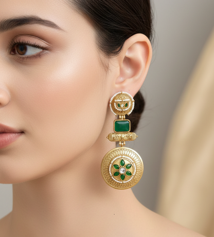 : Traditional Kashmiri Emerald Green Drop Earrings with Antique Gold Finish