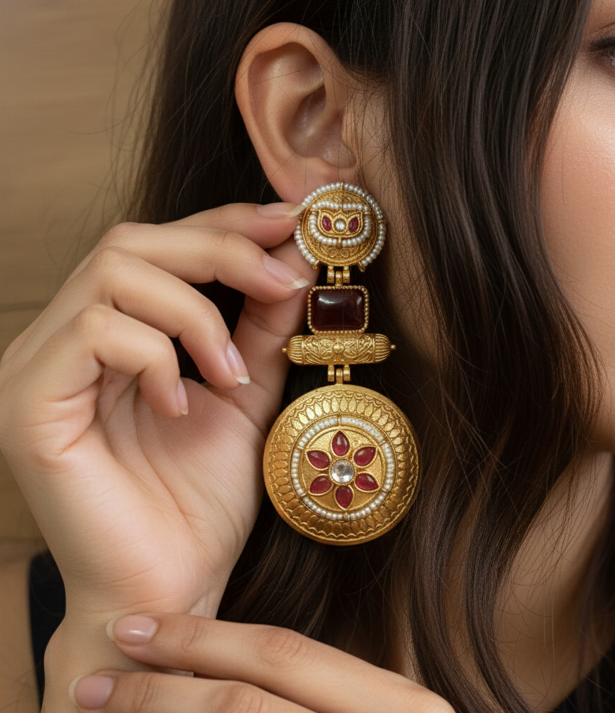 : Traditional Kashmiri Emerald Green Drop Earrings with Antique Gold Finish