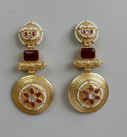 : Traditional Kashmiri Emerald Green Drop Earrings with Antique Gold Finish