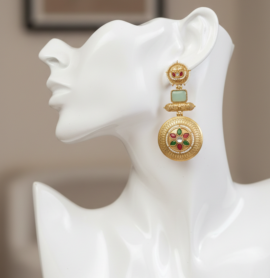 : Traditional Kashmiri Emerald Green Drop Earrings with Antique Gold Finish