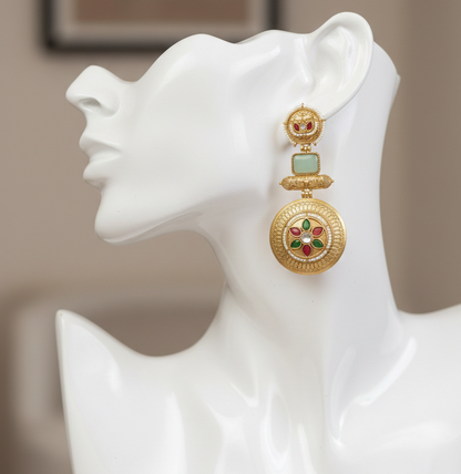 : Traditional Kashmiri Emerald Green Drop Earrings with Antique Gold Finish
