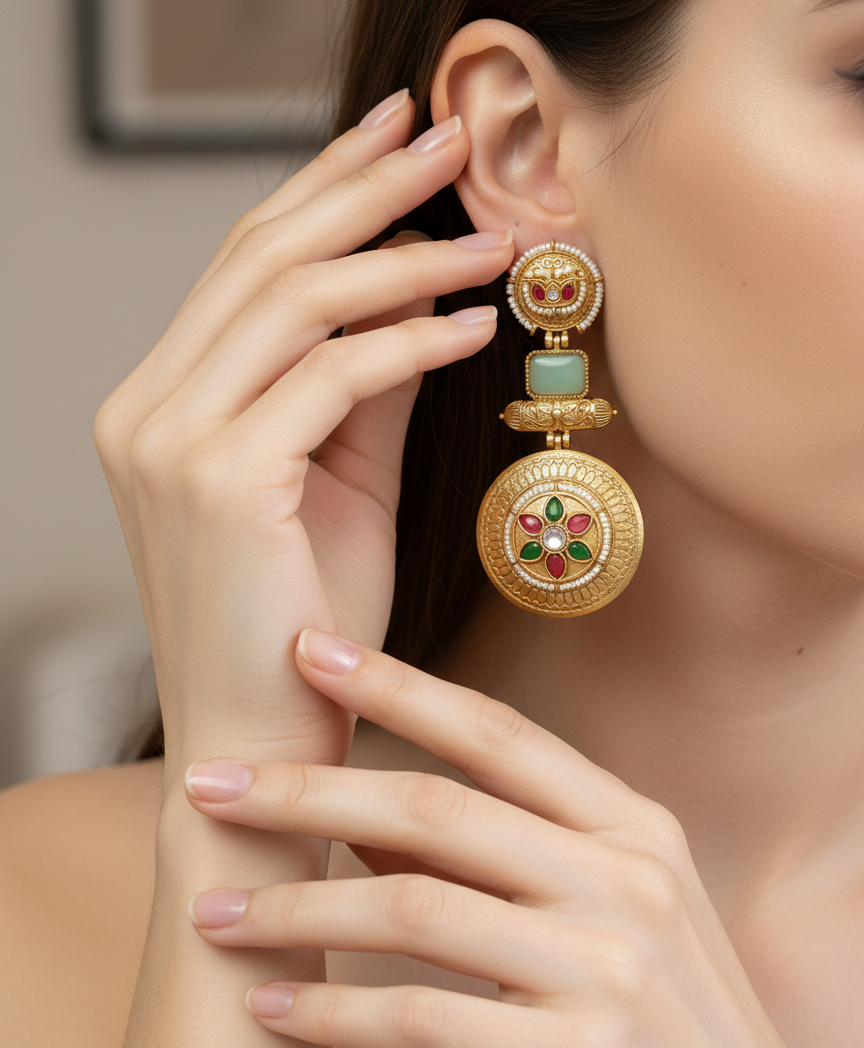 : Traditional Kashmiri Emerald Green Drop Earrings with Antique Gold Finish