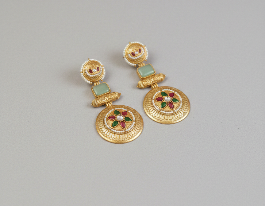 : Traditional Kashmiri Emerald Green Drop Earrings with Antique Gold Finish