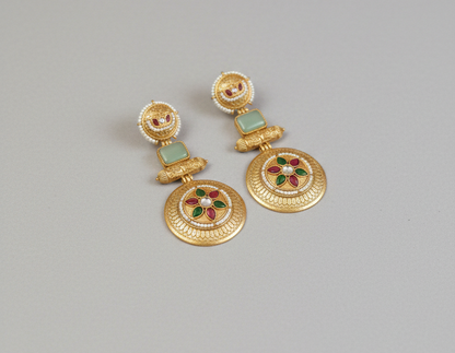 : Traditional Kashmiri Emerald Green Drop Earrings with Antique Gold Finish