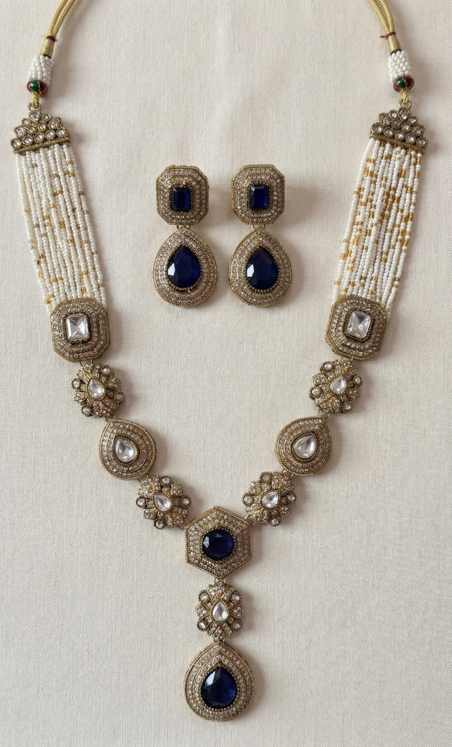 Regal Kundan & Faux Gemstone Long Necklace Set with Drop Earrings